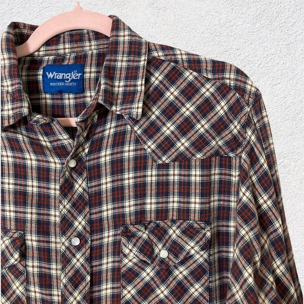 Wrangler Western Shirt Men Navy Red Plaid Snap Button Pearl Pockets Cowboy Rodeo